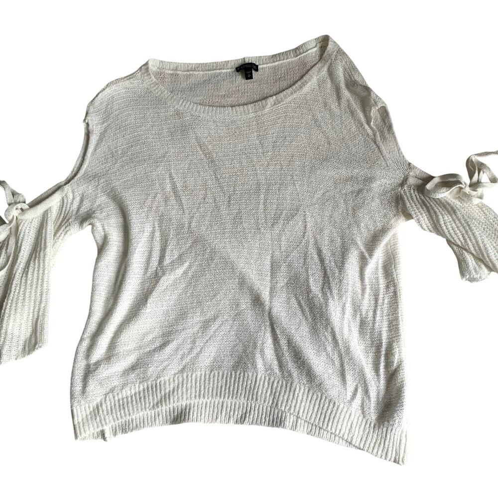 Coastal Coquette Cotton Bow Off-White Cream Knit Cold Shoulder Sweater Top